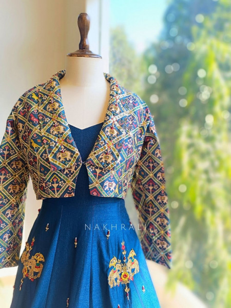 Neelva Blue Anarkali Dress with Printed Jacket