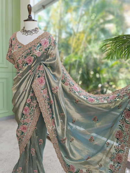 Siya Pista Green Floral Embroidered Saree with Readymade Blouse