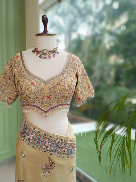 Kanika Golden Georgette Designer Saree with Readymade Blouse