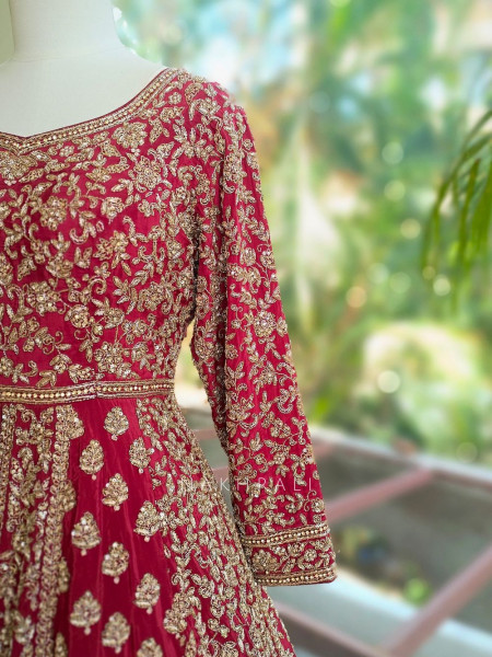 Malhaar Elegance Red Achkan Pattern Lehenga with Zari Sequin Work