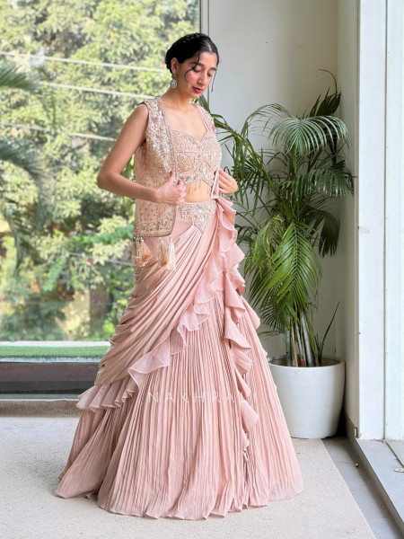 Fiorenne Pink Georgette Indo-Western Lehenga Set with Embellished Crop Jacket