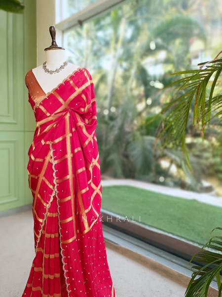 Asmi Red Chinon Silk Zari Check Saree