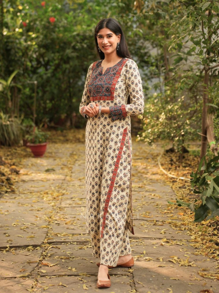 Yasmin Beige Cotton Kurta with Sequin Patch Work