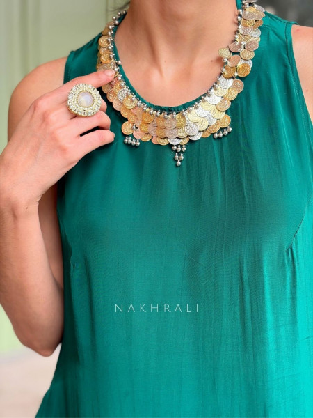 Nivara Green Satin Crepe Pant Kurta Set with Coin Neckline Work