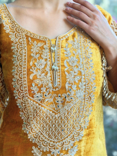 Amber Yellow Velvet Suit Set with Sequin Embellishments
