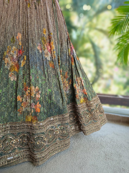 Olive Garden Printed Lehenga with Embroidered Blouse and Sequin Detailing