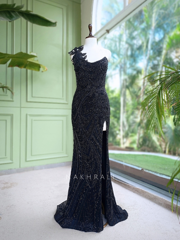 Image of Opal Dawn Black Gown with Stone, Sequin &amp; Cut Dana Work