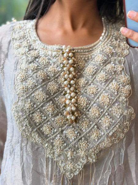 Nysa Grey Kaftan Set – Pearl & Sequin Yoke