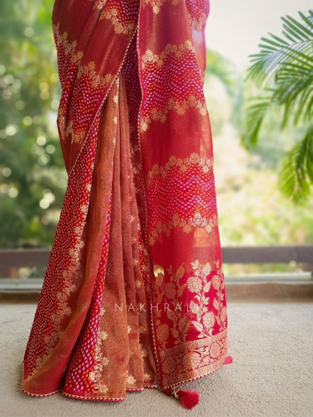 Morvyn Red Saree with Bandhani Print and Zari Weave