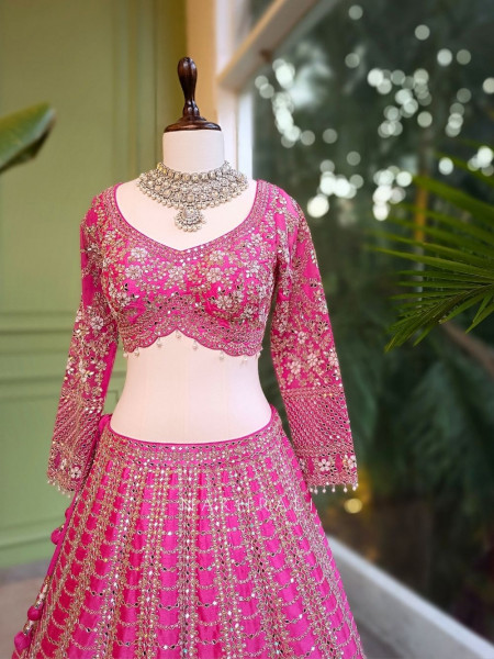 Ravya Pink Mirror and Beads Work Lehenga Set