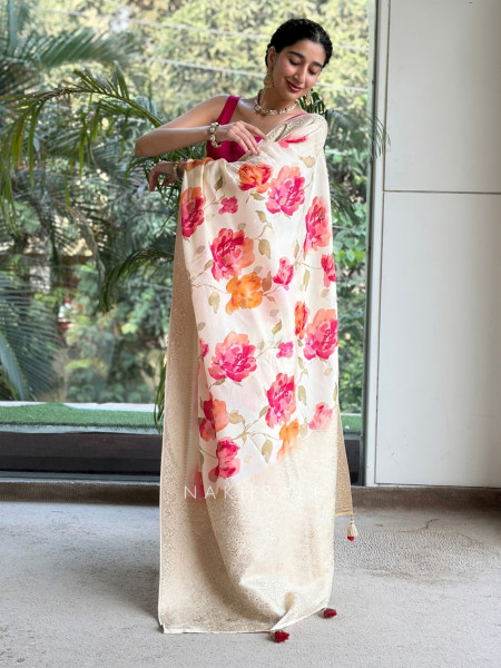 Rose-Vance Cream Georgette & Banarasi Silk Saree