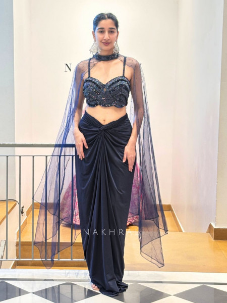 Midnight Spark Navy Crop Top Skirt Set with Cape