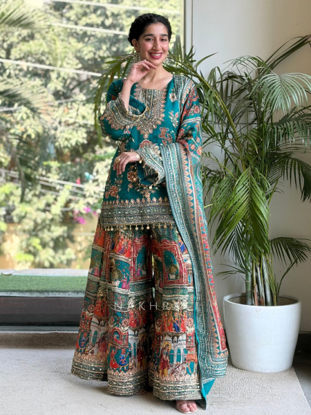 Shahi Gini Teal Green Sharara Suit Set with Pichwai Print