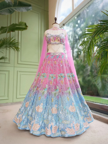 Lotus Loom Blue & Pink Raw Silk Carnival Lehenga