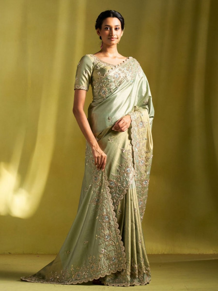 Elysian Glow Green Tissue Dola Silk Saree with Zardozi Embroidery