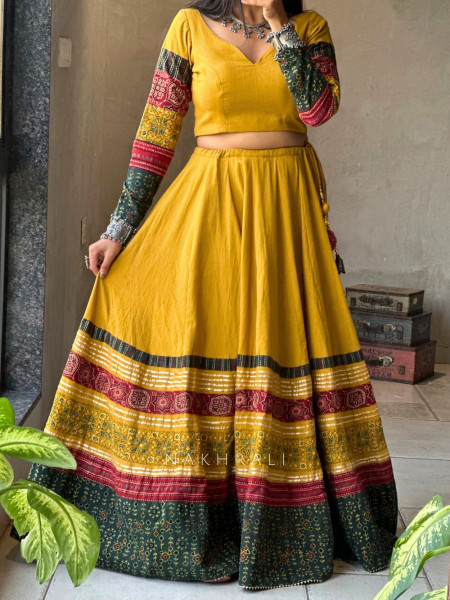 Jugni Yellow Block Printed Cotton Chaniya Choli