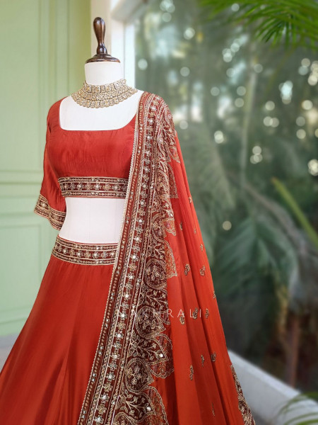 Vrishti Brick Lehenga Set with Peacock and Sequin Embroidery