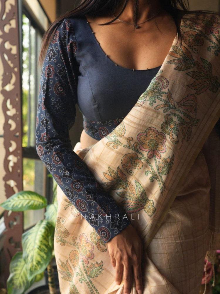 Image of Taal Rang Blue Cotton Blouse with Beaded Neckline