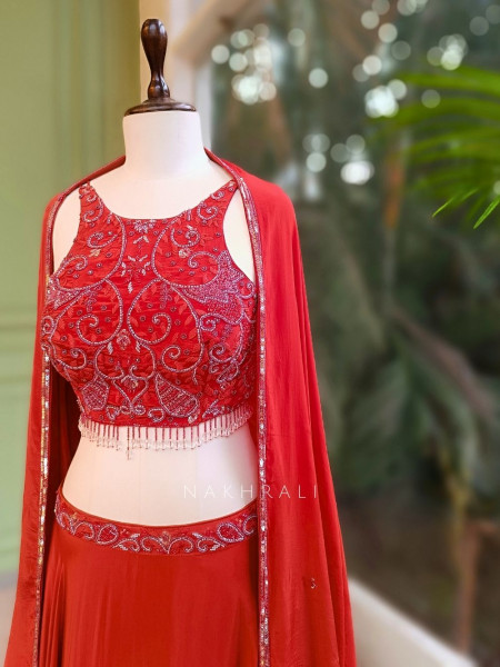 Tivara Orange Thread and Cut Dana Embroidered Lehenga Set