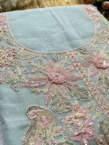 Lunora Firozi Floral Embroidered Dress Material with Pearl Detail
