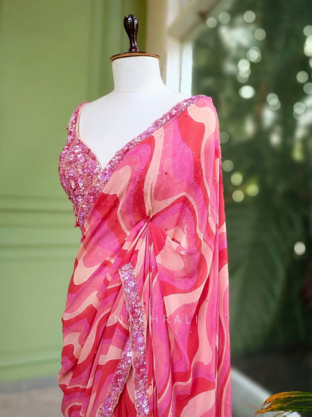 Roselia Pink Abstract Saree with Sequin Embellished Blouse