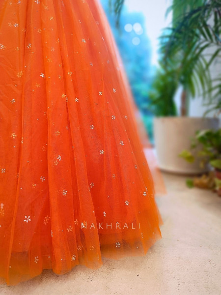 Lustre Enchant Orange Net Lehenga with Heavy Embroidered Blouse