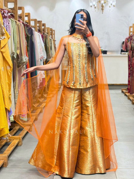 Zarelle Brick Brocade Indo-Western Corset Set with Cape Dupatta