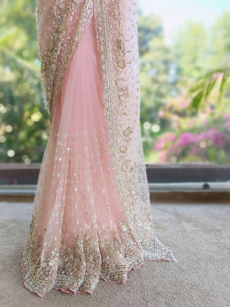 Starlit Pink Net Saree with Cut Dana Bead and Sequin Work