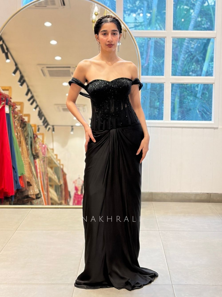 Image of Nishira Black Mesh &amp; Satin Indo-Western Crop Top Skirt Set