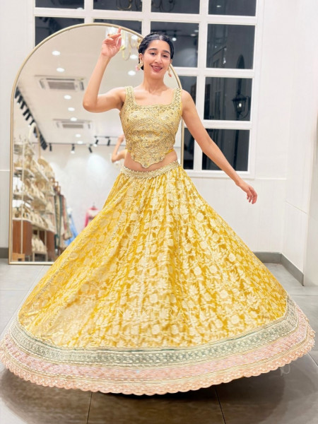 Kaya Yellow Banarasi Silk Indo-Western Lehenga Set