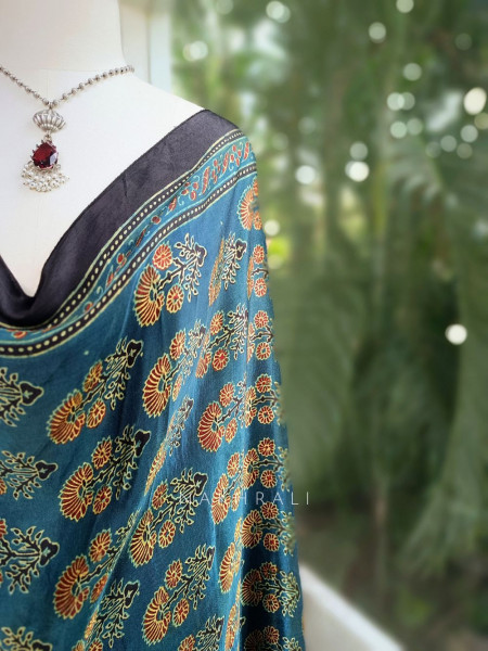 Iraaya Green Modal Silk Dupatta with Ajrakh Print and Zari Accents