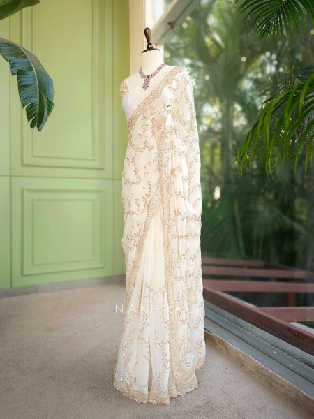 Rimsun Cream Sequin & Bead Embellished Saree