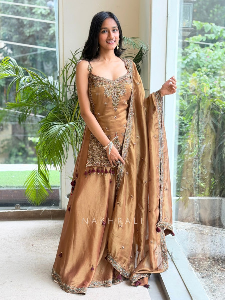 Autumn Dusk Brown Metallic Tissue Silk Kurti Palazzo Set