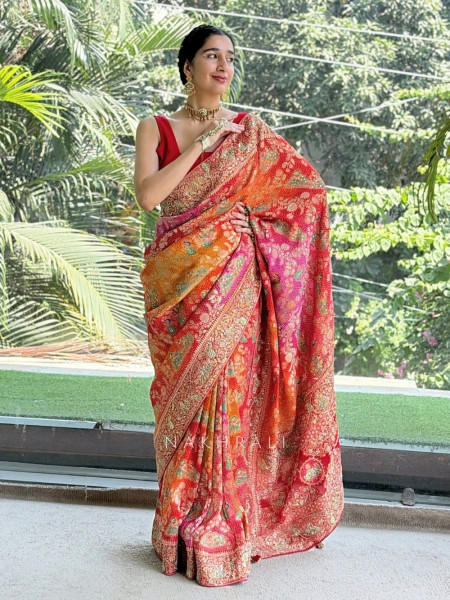 Rangraas Orange Pure Gajji Silk Saree with Running Blouse Piece