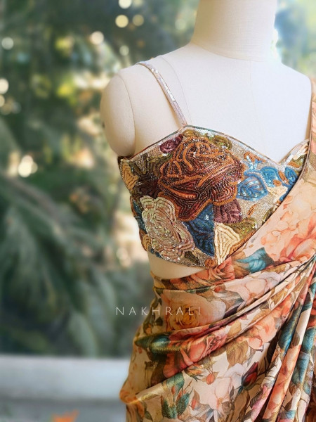 Botanic Luxe Brown Saree with Readymade Blouse