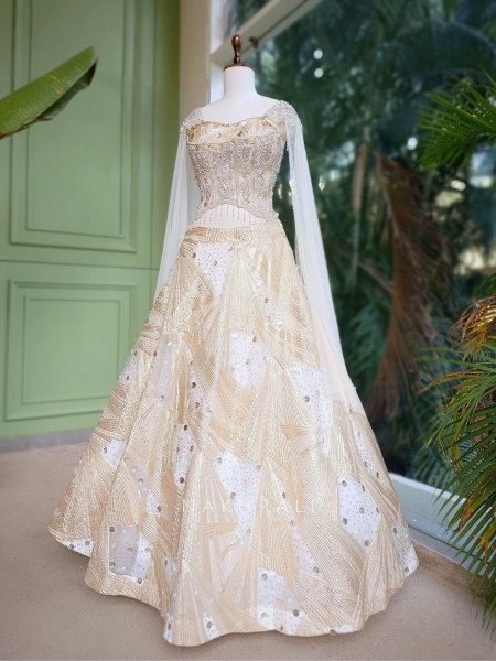 Arshiya Cream Indo-Western Lehenga with Beads and Cut Dana Work