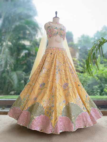 Ishvika Yellow Slub Silk & Tulle Carnival Lehenga Set