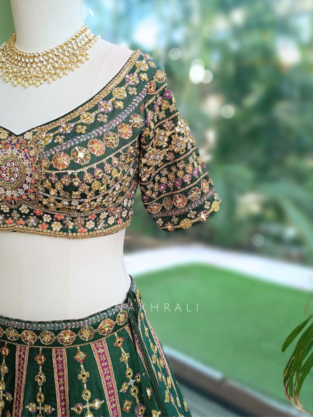 Mrinalika Green Gaji Silk Lehenga Set With Zardozi Resham & Jharokha Work