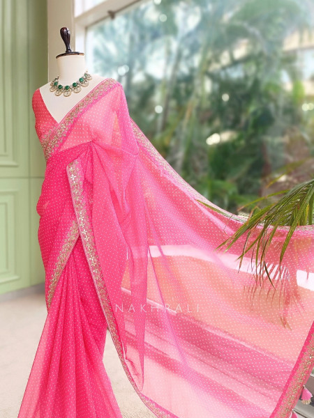 Gulika Rani Pink Viscose Organza Bandhani Saree