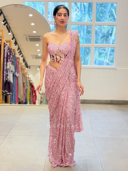 Mirror-Encrusted Pink Cocktail Drape Saree