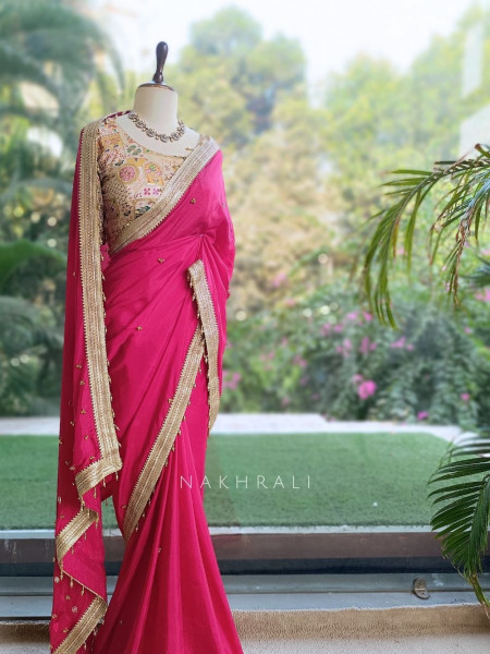 Rati Magenta Saree with Gota Patti Border & Multicolor Embroidered Readymade Blouse