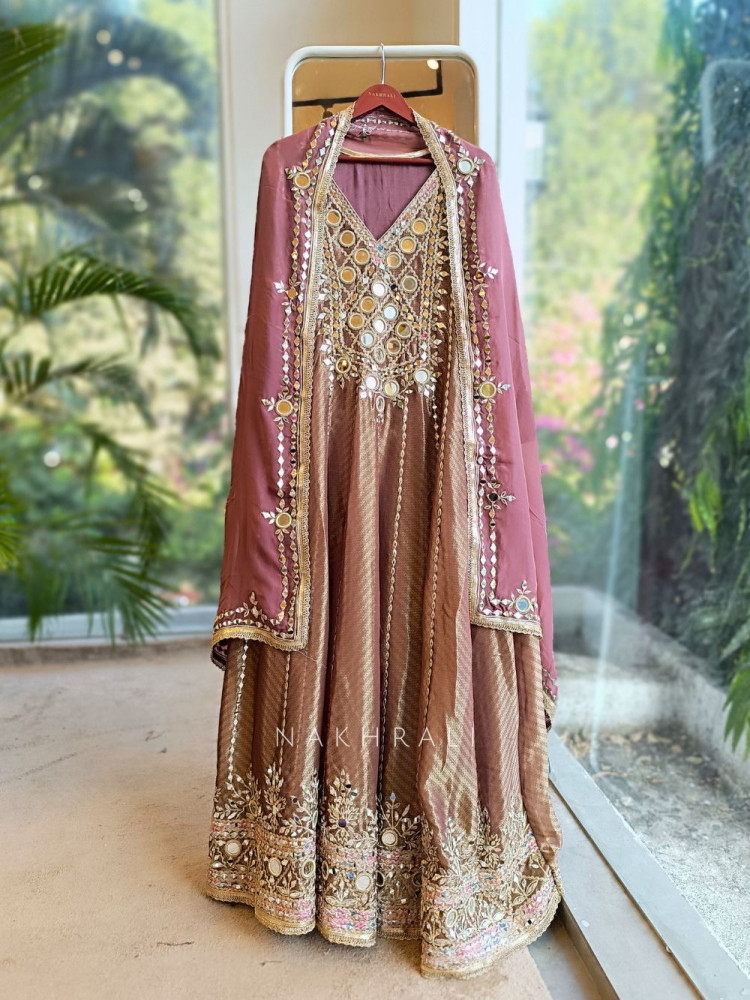 Image of Charika Onion Pink Anarkali with Mirror and Zari Work