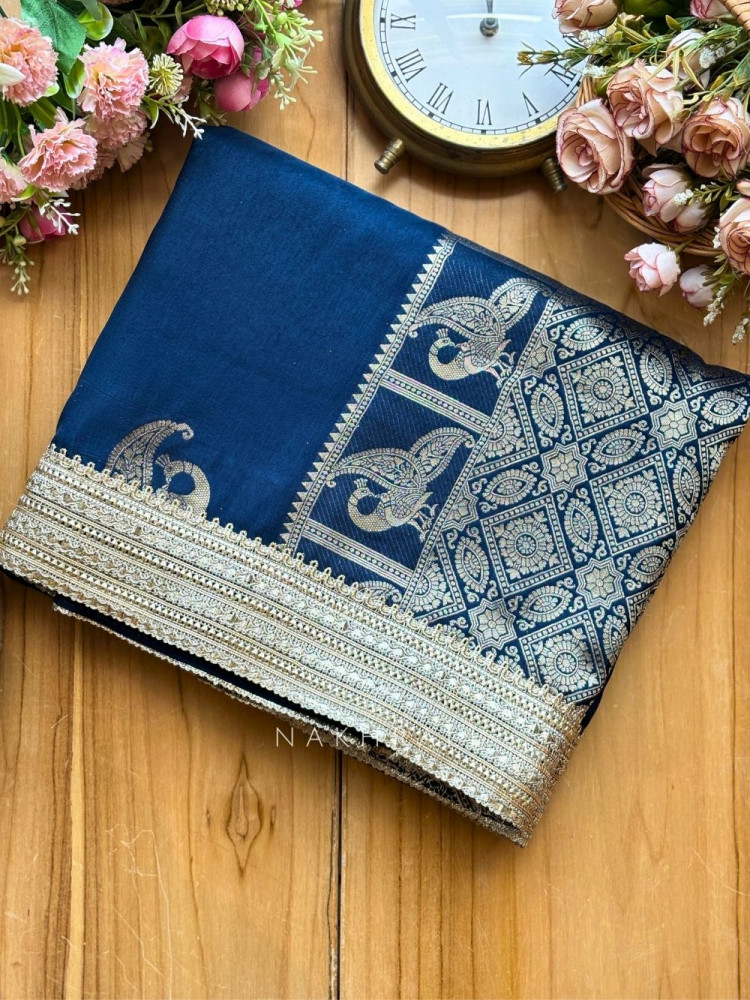 Image of Tavira Teal Blue Saree with Broad Border and Unstitched Blouse Piece