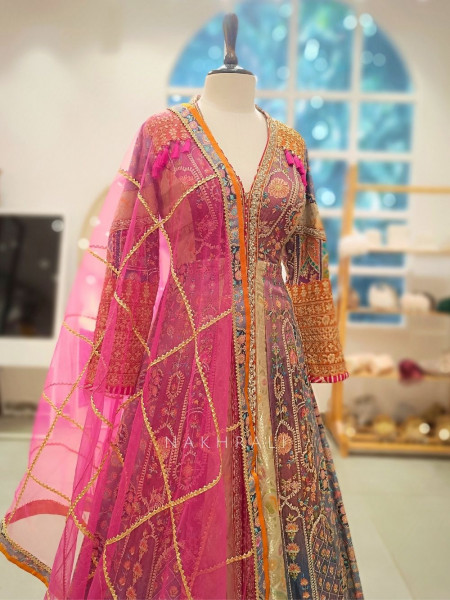 Anika Multicolor Achkan Lehenga Set with Zari Sequin Gota Work