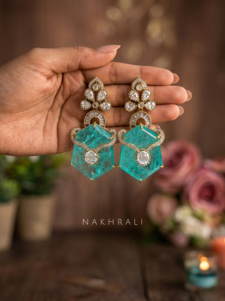 Prismelle Sea Green Statement Earrings With Geometric Stone Detail