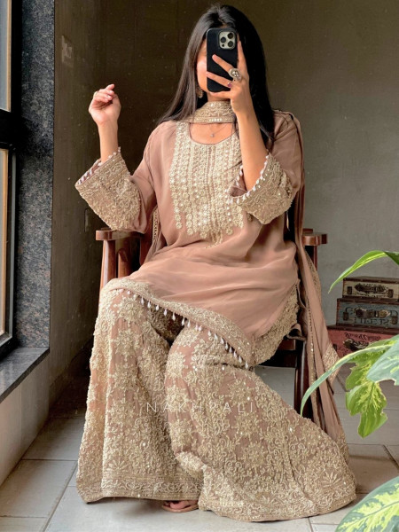 Aarunya Brown Georgette Palazzo Kurta Set with Zari Sequin Work
