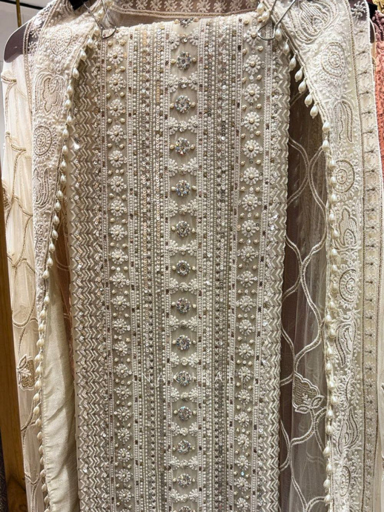 Image of Avarna Cream Dress Material with Pearl &amp; Bead Work
