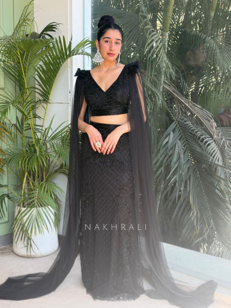 Nova Black Crop Top & Skirt Set with Cut Dana Work