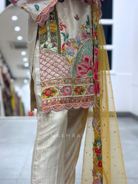 Fiesta Flora Cream Suit Set With Multicolor Floral Embroidery