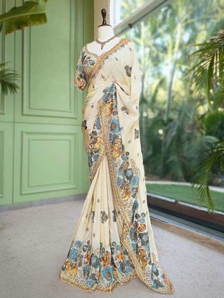Shikargarh Cream Satin Crepe Designer Saree with Readymade Blouse